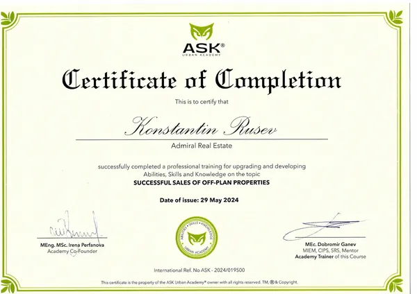 Константин Русев - Certificate of Completion - Successful sales of off-plan properties